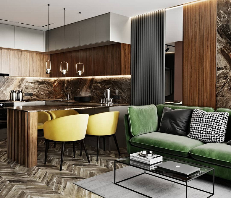 Дизайн вітальні 2026 з оливковим диваном: сучасні тренди та ідеї декорування.