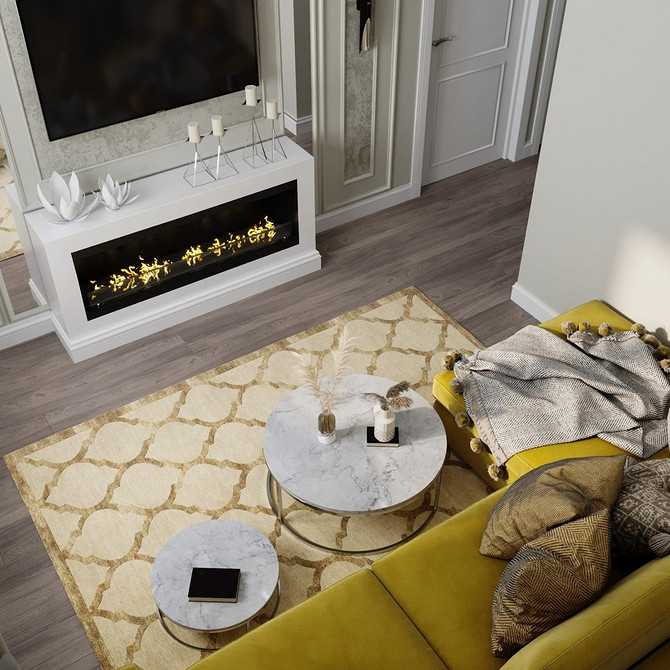 Жовтий шкіряний диван в сучасному інтер'єрі з металом та склом