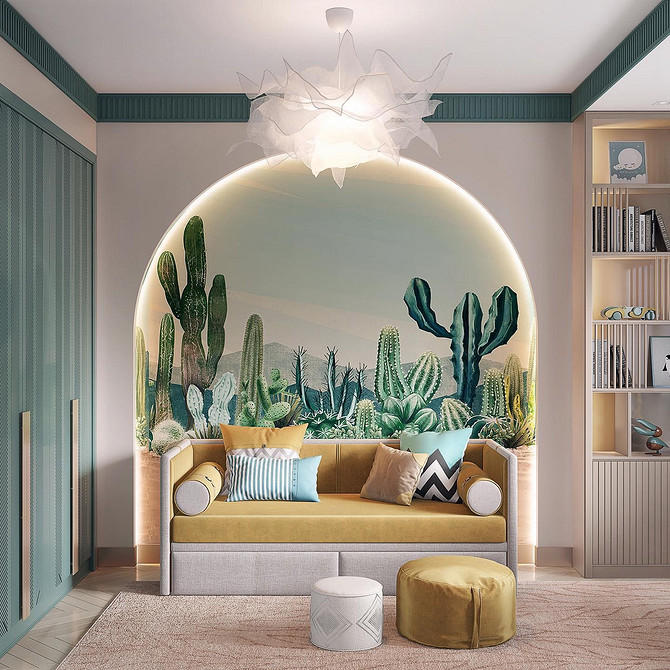 Невеликий жовтий диван в компактній вітальні. Дизайн для невеликої кімнати.