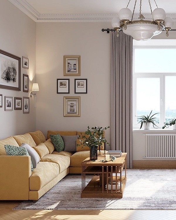 Мінімалістичний інтер'єр: жовтий диван на фоні сірих стін з чорними деталями