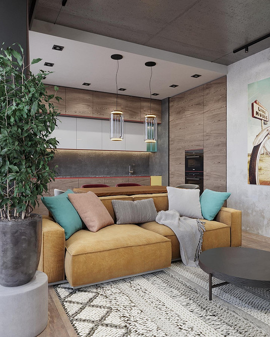 Дитяча кімната з жовтим диваном, іграшками та поличками для зберігання