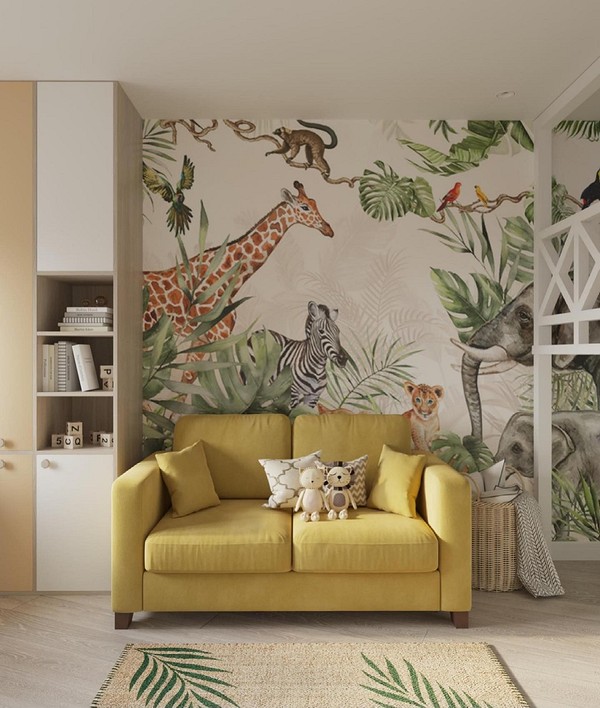 Інтер'єр кухні з жовтим диваном, обіднім столом та вікнами. Кольори для кухні.