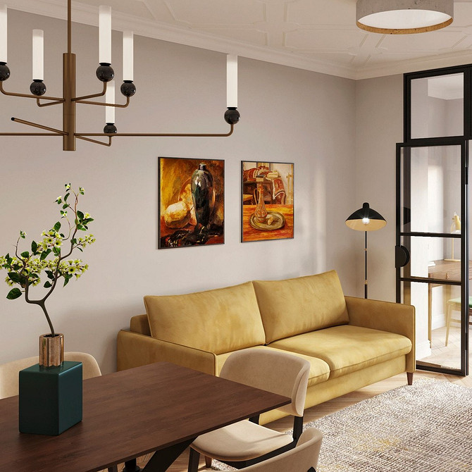 Вітальня з жовтим диваном, журнальним столиком та великою картиною на стіні.