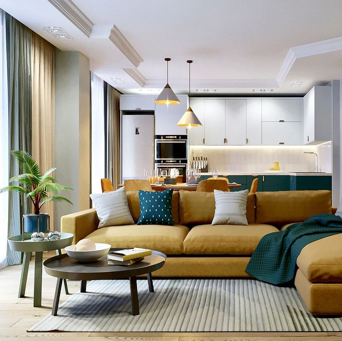 Сучасна вітальня з жовтим диваном, дерев'яним столиком та килимом із візерунком.