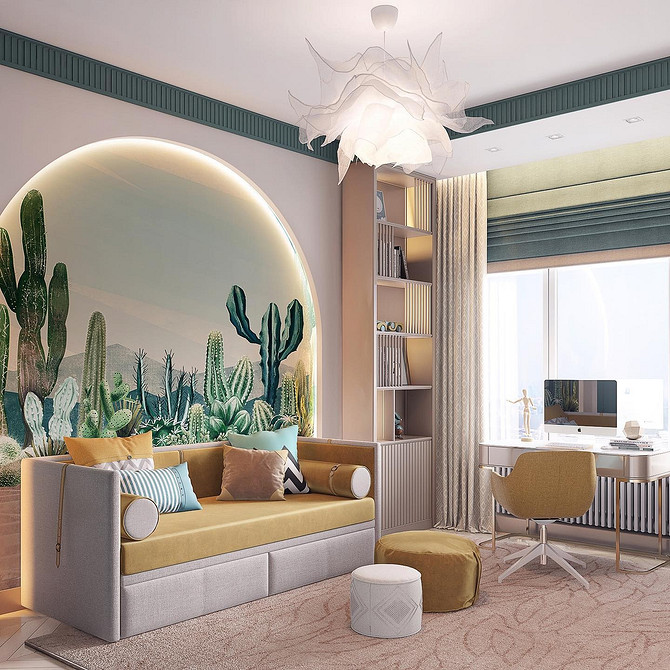 Жовтий диван з різнокольоровими подушками у вітальні. Кольоровий дизайн інтер'єру.