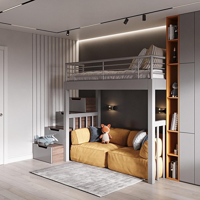 Жовтий диван у вітальні з сірими стінами: стильний дизайн інтер'єру.