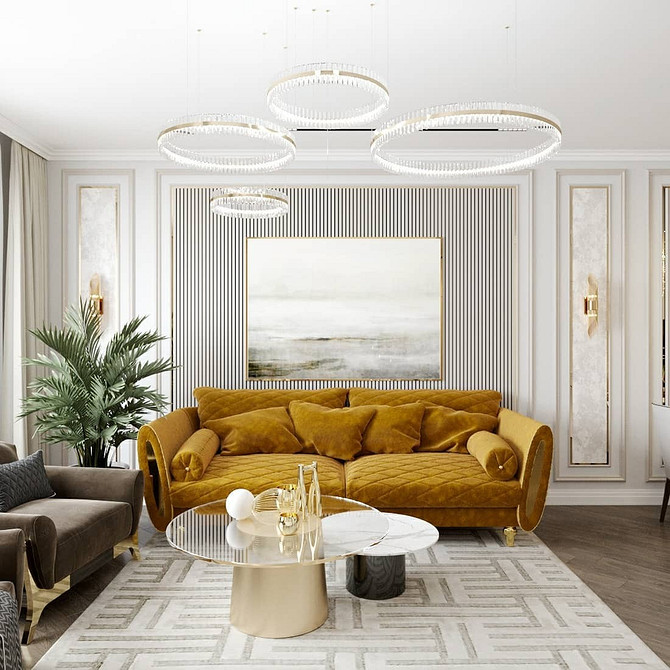 Елегантний жовтий диван у вітальні з килимом та декоративними подушками