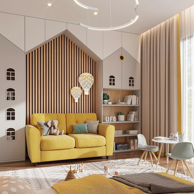 Вітальня з жовтим диваном, книжковими полицями та рослинами. Дизайн інтер'єру вітальні.