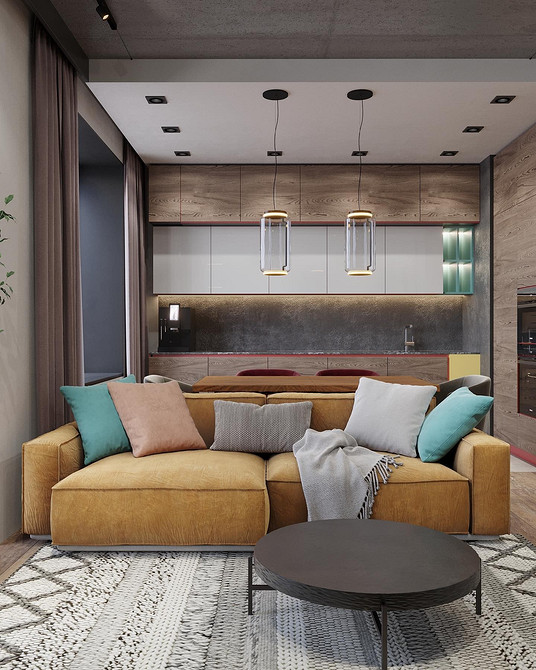 Сучасна кухня з жовтим кутовим диваном, білі шафи, дерев'яна стільниця