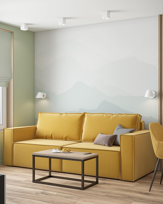 Дизайн вітальні з жовтим диваном: надихаючі ідеї для створення унікального інтер'єру.