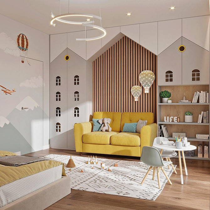 Жовтий кутовий диван у просторій вітальні з сучасним дизайном. Диван для вітальні.