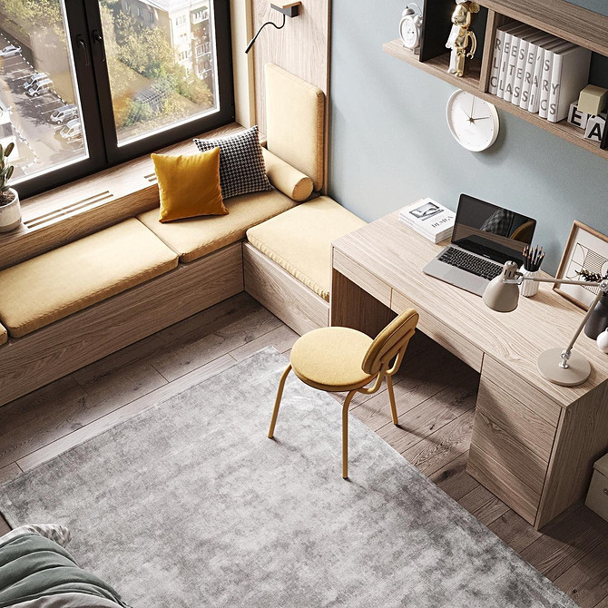 Жовтий диван в скандинавському інтер'єрі з дерев'яними елементами. Скандинавський стиль.