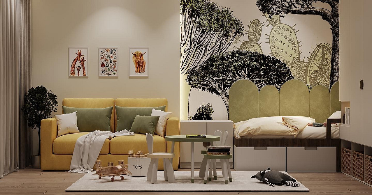 Яскравий жовтий диван в мінімалістичному інтер'єрі з білими стінами і чорними деталями