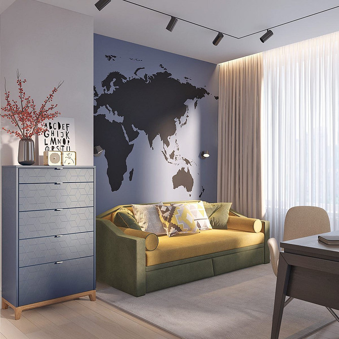 Сучасний жовтий диван у вітальні з дерев'яним столиком: стильний інтер'єр.